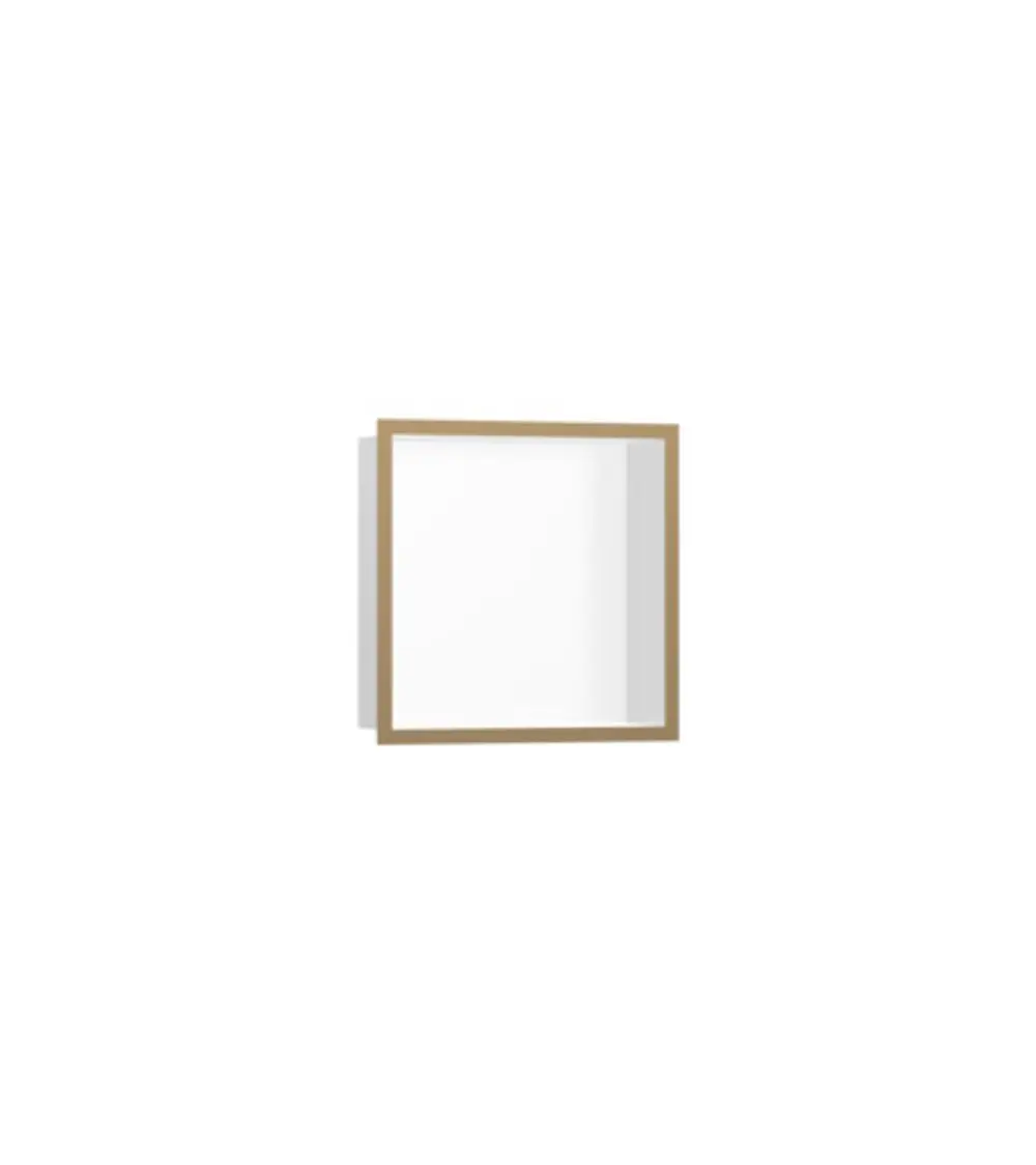 Wandnische mit einem Designrahmen in gebürstetem Bronze-Finish. Aus mattweißen Materialien gefertigt. Hansgrohe Produkt für den integrierten Wandbereich.